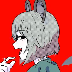 Rule 34 | 1girl, alternate form, animal ears, bandaid, bandaid on neck, black eyes, colored skin, commentary request, cookie (touhou), ear bar, earrings, facial mark, fang, glint, grey hair, hair between eyes, heart, heart facial mark, highres, jewelry, looking at viewer, looking to the side, medium bangs, mouse ears, mouse girl, nazrin, nyon (cookie), open mouth, portrait, profile, psychic parrot, red background, ring, short hair, simple background, smile, solo, touhou, vampire (vocaloid), vocaloid, white skin