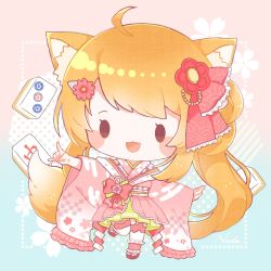 Rule 34 | 1girl, animal ear fluff, animal ears, chibi, commission, fox ears, fox girl, fox shadow puppet, fox tail, frilled kimono, frills, hair ornament, hairclip, highres, indie virtual youtuber, japanese clothes, kimono, kinetsuki noa, long hair, nada namie, open mouth, orange hair, pink footwear, pink kimono, signature, simple background, skeb commission, solo, tail, thighhighs, twintails, very long hair, virtual youtuber, white thighhighs, wide sleeves