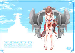 Rule 34 | 1girl, bikini, breasts, brown eyes, brown hair, cannon, character name, cherry blossoms, copyright name, flower, hair flower, hair intakes, hair ornament, kantai collection, large breasts, leaning forward, long hair, off shoulder, official alternate costume, ponytail, red sarong, rigging, sandals, sarong, shizuki michiru, sidelocks, solo, standing, swimsuit, thigh strap, turret, very long hair, white bikini, yamato (kancolle)