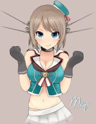 Rule 34 | 10s, 1girl, antennae, bad id, bad pixiv id, beret, blue eyes, breasts, brown hair, cleavage, gloves, hat, kantai collection, kuavera, maya (kancolle), remodel (kantai collection), sailor collar, short hair, simple background, solo