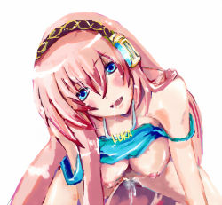 Rule 34 | 1boy, 1girl, artist request, blue eyes, blue shirt, blush, breasts, breasts out, cowgirl position, cum, cum in pussy, drooling, hair between eyes, happy sex, head tilt, headphones, highres, long hair, looking at viewer, medium breasts, megurine luka, name tag, nipples, no bra, open mouth, pink hair, riding, sex, shirt, simple background, straddling, tank top, thighs, vaginal, very long hair, vocaloid, white background
