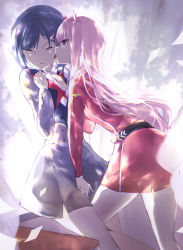 Rule 34 | 10s, 2girls, absurdres, backlighting, blue hair, blue vest, closed eyes, darling in the franxx, fingering, fingering through clothes, highres, horns, ichigo (darling in the franxx), indoors, jacket, leaning forward, licking, licking another&#039;s cheek, licking another&#039;s face, long hair, long sleeves, multiple girls, parted lips, pink hair, red jacket, senya fuurin, shirt, skirt, through clothes, tongue, tongue out, very long hair, vest, white shirt, white skirt, yuri, zero two (darling in the franxx)