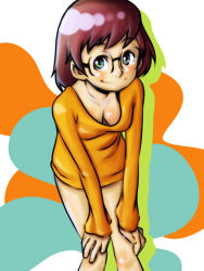 Rule 34 | 1girl, bad id, bad pixiv id, breasts, brown hair, cleavage, conoghi, downblouse, freckles, glasses, green eyes, hands on own knees, hanna-barbera, happy, lens flare, long sleeves, looking at viewer, medium breasts, multicolored background, orange sweater, scooby-doo, short hair, simple background, smile, solo, sweater, velma dace dinkley