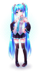 Rule 34 | 1girl, aqua eyes, aqua hair, asato727, boots, detached sleeves, hands on own hips, hatsune miku, head tilt, long hair, necktie, pigeon-toed, skirt, smile, solo, thigh boots, thighhighs, twintails, very long hair, vocaloid