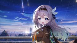 Rule 34 | 1girl, blue eyes, blush, brown jacket, cropped jacket, firefly (honkai: star rail), game screenshot background, gold trim, gradient hair, grey hair, hand on own chest, happy, highres, honkai: star rail, honkai (series), jacket, long hair, looking at viewer, miyako draw, multicolored hair, open mouth, railing, smile, solo, upper body