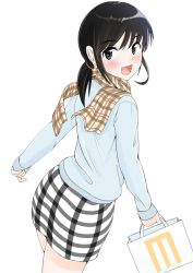 Rule 34 | 1girl, bag, black eyes, black hair, blue sweater, commentary request, cowboy shot, from behind, fubuki (kancolle), hiyama izumi (wttdh), kantai collection, low ponytail, open mouth, pencil skirt, plaid, plaid scarf, plaid skirt, ponytail, scarf, shopping bag, short ponytail, sidelocks, simple background, skirt, smile, solo, sweater, white background