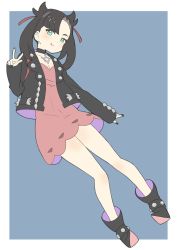 Rule 34 | 1girl, absurdres, black choker, black footwear, black hair, black jacket, black nails, blue background, blush, border, breasts, choker, cleavage, closed mouth, creatures (company), donguri suzume, dot nose, dress, game freak, green eyes, hand up, highres, jacket, long sleeves, looking at viewer, marnie (pokemon), nail polish, nintendo, open clothes, open jacket, pink dress, pokemon, pokemon swsh, simple background, smile, solo, w, white border