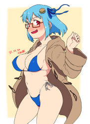 Rule 34 | 1girl, bikini, blue hair, blue ribbon, borrowed character, breasts, brown coat, burger hair ornament, coat, commentary request, dated, food-themed hair ornament, hair ornament, hair ribbon, hamburger-chan (hundredburger), large breasts, navel, open clothes, open coat, original, red eyes, ribbon, short hair, side-tie bikini bottom, solo, swimsuit, thighs, tsukudani (coke-buta), two-tone background, white background, white bikini, yellow background