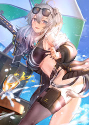 Rule 34 | 1girl, animal ears, beach umbrella, bikini, black bikini, black jacket, black nails, blue sky, breasts, cup, ear piercing, fang, from side, fur-trimmed jacket, fur trim, grey eyes, gun, hair between eyes, himonoata, holding, holding gun, holding weapon, hololive, jacket, large breasts, lion ears, lion girl, lion tail, long hair, long sleeves, looking at viewer, looking to the side, nail polish, open clothes, open jacket, open mouth, outdoors, piercing, shishiro botan, silver hair, single thighhigh, sky, smile, solo, sunglasses, swimsuit, tail, thighhighs, umbrella, virtual youtuber, weapon