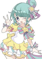 Rule 34 | 1girl, ;d, blue eyes, blue hair, bow, cowboy shot, dress, hair bun, hair ornament, highres, looking at viewer, multicolored hair, one eye closed, open mouth, pink bow, pink hair, pinon (pripara), pretty series, pripara, puffy short sleeves, puffy sleeves, ranirani (syohousen8), short sleeves, sidelocks, simple background, single side bun, smile, solo, star (symbol), star hair ornament, streaked hair, striped, striped bow, w, white background, yellow dress