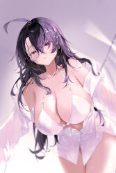 Rule 34 | 1girl, absurdres, ahoge, bare shoulders, bow, bow bra, bra, breasts, cleavage, clothes pull, collarbone, hair between eyes, hair ornament, highres, kooemong, large breasts, long hair, looking at viewer, original, parted lips, purple hair, red eyes, shirt, shirt pull, solo, sweat, underwear, white bra, white shirt