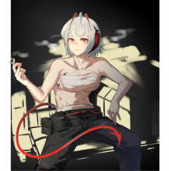 Rule 34 | 1girl, ada (adadgay), antennae, arknights, bad id, bad pixiv id, bandages, bandeau, bare arms, bare shoulders, black background, black pants, chest sarashi, cigarette, commentary request, holding, holding cigarette, horns, midriff, orange eyes, pants, pouch, sarashi, short hair, sitting, smoke, solo, stomach, strapless, tail, tube top, w (arknights), white hair