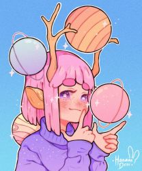 Rule 34 | 1girl, animal ears, antlers, artist name, blue background, blush, gradient background, hanaan, highres, horns, index finger raised, long sleeves, looking at viewer, medium hair, no nose, original, outline, pink hair, planet, purple eyes, purple sweater, saturn (planet), sleeves past wrists, smile, solo, sparkle, star-shaped pupils, star (symbol), sweater, symbol-shaped pupils, upper body, white outline