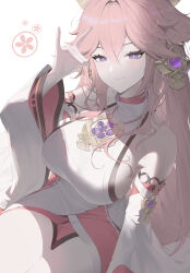 Rule 34 | 1girl, absurdres, animal ears, bare shoulders, breasts, closed mouth, commentary, cowboy shot, detached sleeves, earrings, floppy ears, fox ears, fox shadow puppet, genshin impact, hand up, highres, jewelry, large breasts, long hair, looking at viewer, nontraditional miko, pink hair, purple eyes, shirt, sideboob, simple background, sleeveless, sleeveless shirt, smile, soho (user dphk5745), solo, very long hair, white background, white shirt, white sleeves, yae miko