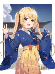 Rule 34 | 1girl, :d, absurdres, alternate costume, blonde hair, blue kimono, blurry, border, cloud, commentary, cowboy shot, day, depth of field, floral print, green eyes, h9 99999, hair ribbon, highres, hololive, hololive english, japanese clothes, kimono, long hair, long sleeves, looking at viewer, open mouth, outdoors, red ribbon, ribbon, sash, skirt, sky, sleeves past wrists, smile, solo, standing, teeth, tongue, torii, twintails, upper teeth only, v, virtual youtuber, watson amelia, white border, wide sleeves, yellow skirt