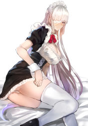 Rule 34 | 1girl, bandage over one eye, bow, breasts, fate/grand order, fate (series), florence nightingale (fate), jikihatiman, large breasts, light purple hair, long hair, maid, maid headdress, panties, pink bow, red eyes, solo, thighhighs, underwear, white panties, white thighhighs