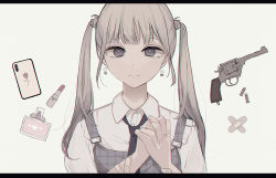 Rule 34 | 1girl, absurdres, bad id, bad pixiv id, bandaid, bandaid on arm, black necktie, blush, bottle, brown hair, bullet, cellphone, chromatic aberration, closed mouth, collared shirt, commentary request, crossed bandaids, dress, dress shirt, earrings, eyebrows hidden by hair, fingernails, grey background, grey dress, grey eyes, gun, handgun, hands up, heart, heart earrings, highres, jewelry, letterboxed, lipstick, long hair, looking at viewer, makeup, necktie, original, own hands clasped, own hands together, perfume bottle, phone, plaid, plaid dress, revolver, shirt, sleeveless, sleeveless dress, smile, solo, tsuruse, twintails, unmoving pattern, upper body, weapon, white shirt