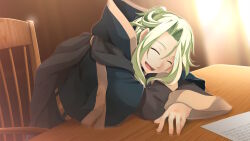Rule 34 | 1boy, ^ ^, atelier-moo, chair, closed eyes, curtained hair, green hair, hood, hooded jacket, indoors, jacket, long sleeves, merak yildis, on table, open mouth, paper, puffy sleeves, sitting, smile, solo, table, teeth, upper teeth only, wizards symphony