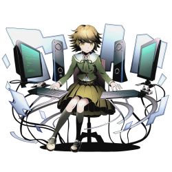 Rule 34 | 10s, 1boy, alpha transparency, black socks, brown hair, brown skirt, chair, closed mouth, computer, crossdressing, danganronpa: trigger happy havoc, danganronpa (series), divine gate, fujisaki chihiro, full body, green ribbon, keyboard (computer), kneehighs, knees together feet apart, looking at viewer, male focus, monitor, mouse (computer), office chair, official art, ribbon, school uniform, serious, short hair, sitting, skirt, socks, solo, sweatdrop, swivel chair, transparent background, trap, typing, ucmm, wire, yellow eyes