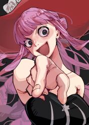 Rule 34 | 1girl, @ @, artist request, bare arms, bare shoulders, black dress, black eyes, breasts, cleavage, crazy eyes, crazy smile, dress, drill hair, eyes visible through hair, grey background, hat, highres, index finger raised, large breasts, long hair, looking at viewer, one piece, open mouth, perona, pink hair, shiny skin, smile, very long hair