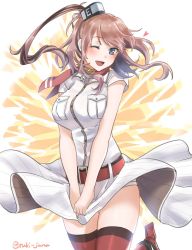 Rule 34 | 1girl, anchor, breast pocket, breasts, brown hair, cowboy shot, dress, grey eyes, hair between eyes, highres, kantai collection, large breasts, looking at viewer, neckerchief, one eye closed, panties, pocket, ponytail, red neckerchief, red thighhighs, saratoga (kancolle), side ponytail, sidelocks, skirt hold, smokestack, smokestack hair ornament, solo, the seven-year itch, thighhighs, tsukimura (d24f4z8j3t), underwear, white dress, white panties