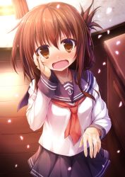 Rule 34 | 10s, 1girl, blush, brown eyes, brown hair, cherry blossoms, folded ponytail, hand on own cheek, hand on own face, inazuma (kancolle), jewelry, kantai collection, open mouth, personification, petals, ring, school uniform, solo, suien, wavy mouth, wedding band