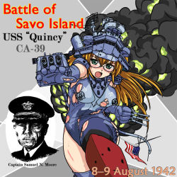 Rule 34 | 1girl, aiming, aiming at viewer, american flag, cruiser, damaged, dated, flag, glasses, konoekihei, military, military vehicle, navy, new orleans class heavy cruiser, open mouth, original, personification, samuel nobre moore, ship, smoke, torn clothes, uss quincy (ca-39), warship, watercraft, world war ii
