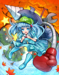 Rule 34 | 1girl, autumn leaves, backpack, bag, blue hair, boots, boxing gloves, crowbar, drill, hair bobbles, hair ornament, hat, kawashiro nitori, key, open mouth, rubber boots, short hair, skirt, skirt set, sleeves rolled up, smile, solo, star (symbol), teko, touhou, twintails, two side up, wrench
