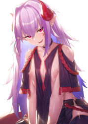 Rule 34 | 1girl, absurdres, backlighting, bare shoulders, belt, blue capelet, blue skirt, blue thighhighs, blush, breasts, capelet, choker, collarbone, dragon girl, dragon horns, dragon tail, facial mark, highres, horns, ibuki notsu, light purple hair, long hair, looking at viewer, melusine (ibuki notsu), nipples, open mouth, original, pointy ears, puffy nipples, red eyes, rope, skirt, small breasts, smile, solo, tabard, tail, thighhighs