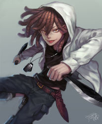 Rule 34 | 10s, 1boy, :p, belt, black shirt, brown eyes, brown hair, dagger, dog tags, doug (gangsta), dual wielding, fan ju, freckles, gangsta, dreadlocks, holding, holding weapon, hood, hooded jacket, jacket, knife, long hair, long sleeves, looking at viewer, male focus, pants, pants rolled up, shirt, signature, simple background, solo, tongue, tongue out, weapon, white jacket