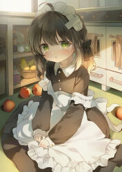 Rule 34 | 1girl, :t, absurdres, ahoge, apple, apron, black hair, blush, breasts, food, fruit, hair ornament, highres, jar, kitchen, looking at viewer, low twintails, maid, original, pout, short twintails, sitting, small breasts, solo, spi, tearing up, tears, twintails, window