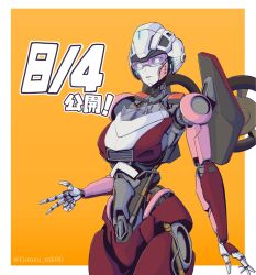 Rule 34 | 1girl, arcee, autobot, blue eyes, border, cable, gonzo mk06, highres, looking at viewer, mecha, orange background, outside border, parted lips, piston, purple-tinted eyewear, robot, solo, sunglasses, tinted eyewear, transformers, transformers: rise of the beasts, transformers (live action), twitter username, v, white border