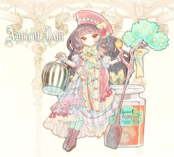 Rule 34 | 1girl, bird, black hair, bow, braid, cage, dress, frills, full body, hair bow, hat, jam, jar, layered dress, leaning, lolita fashion, long hair, looking at viewer, orange eyes, original, oversized object, pantyhose, personification, pocketland, red footwear, red hat, shoes, smile, solo, spoon, striped clothes, striped legwear, striped pantyhose, tamaki mitsune, typo, vertical-striped clothes, vertical-striped legwear, vertical-striped pantyhose, yamadaokutarou, yellow bow