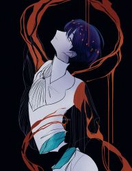 Rule 34 | 1other, androgynous, arm up, ascot, black background, blue hair, commentary, crystal, english commentary, golden arms, hand on own chest, highres, houseki no kuni, looking at viewer, molten metal, moon uniform (houseki no kuni), other focus, pale skin, pemprika, phosphophyllite, phosphophyllite (gemstone), phosphophyllite (ll), profile, see-through, see-through sleeves, severed torso, short hair, sideways glance, simple background, smile, smirk, solo, spoilers, upper body, white ascot, wide sleeves