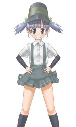 Rule 34 | 10s, 1girl, arm warmers, blouse, blue hair, hands on own hips, hat, highres, kantai collection, ooshio (kancolle), ribbon, school uniform, shirt, short hair, short sleeves, short twintails, skirt, smile, socks, solo, suspenders, t2r, twintails