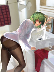 Rule 34 | 1girl, absurdres, arm support, ass, bathroom, bent over, black pantyhose, blouse, blurry, blurry background, bra, unworn bra, breasts, commentary request, contemporary, cup, day, drinking glass, dripping, fang, faucet, feet out of frame, from side, green hair, hand up, hangover, highres, indoors, kazami yuuka, kikimifukuri, large breasts, laundry, lips, long sleeves, looking at viewer, medium hair, messy hair, no bra, no pants, open clothes, open mouth, open shirt, panties, panties under pantyhose, pantyhose, red eyes, see-through, see-through silhouette, shaded face, shirt, sidelocks, sink, skirt, unworn skirt, solo, standing, tearing up, touhou, towel, underwear, water, wet, wet face, white shirt