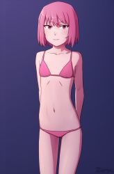 Rule 34 | 1girl, arms behind back, artist name, bikini, commentary, cowboy shot, english commentary, flat chest, looking at viewer, navel, petite, pink bikini, pink eyes, pink hair, purple background, short hair, simple background, solo, swimsuit, zoryc