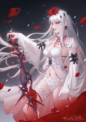 Rule 34 | 1girl, coquelic (path to nowhere), lady waltz, lingerie, panties, path to nowhere, red eyes, sword, underwear, weapon, white hair, white panties