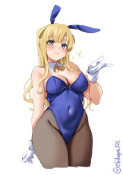 Rule 34 | 1girl, animal ears, bare shoulders, blonde hair, blush, breasts, bunny day, cleavage, closed mouth, covered navel, cowboy shot, cropped legs, detached collar, ebifurya, fake animal ears, fletcher (kancolle), gloves, grey eyes, hand up, highres, kantai collection, large breasts, leotard, looking at viewer, one-hour drawing challenge, pantyhose, playboy bunny, rabbit ears, simple background, solo, strapless, strapless leotard, twitter username, white background, white gloves