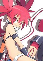 Rule 34 | 1girl, :3, arm behind back, arm support, armband, bare shoulders, bat wings, belt, between legs, bikini, black armband, black bikini, black choker, black footwear, black gloves, blush, blush stickers, boots, choker, closed mouth, demon girl, demon tail, demon wings, disgaea, drop shadow, earrings, etna (disgaea), flat chest, from side, gloves, hair between eyes, hair tie, hair up, halterneck, hand between legs, highres, himawari2430, jewelry, knee up, looking at viewer, looking to the side, makai senki disgaea, midriff, mini wings, naughty face, o-ring, o-ring choker, o-ring collar, pointy ears, red bracelet, red eyes, red hair, red tail, red thighhighs, red wings, short twintails, sidelocks, sitting, skull earrings, slit pupils, smile, solo, swimsuit, tail, thigh boots, thighhighs, twintails, v-shaped eyebrows, white background, white belt, wings