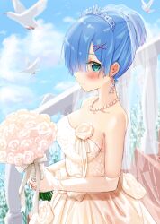Rule 34 | 1girl, animal, bare shoulders, bird, blue eyes, blue hair, blue sky, blush, bouquet, breasts, bridal veil, closed mouth, cloud, commentary request, day, dress, earrings, elbow gloves, flower, from side, gloves, hair ornament, hair over one eye, high ponytail, highres, holding, holding bouquet, jewelry, looking at viewer, medium breasts, necklace, one eye covered, outdoors, pearl necklace, pink dress, pink flower, pink gloves, pink rose, re:zero kara hajimeru isekai seikatsu, rem (re:zero), rose, short hair, short ponytail, sky, smile, solo, stairs, strapless, strapless dress, tarunyan, tiara, veil, wedding dress, white bird, x hair ornament
