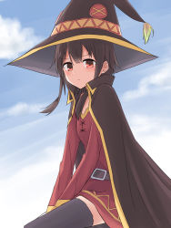 Rule 34 | 1girl, belt, black hair, black thighhighs, blush, breasts, buckle, cape, closed mouth, cloud, cowboy shot, dress, hat, highres, kono subarashii sekai ni shukufuku wo!, long sleeves, looking at viewer, looking to the side, medium hair, megumin, red cape, red dress, red eyes, samusun, sidelocks, sky, small breasts, solo, thighhighs, thighs, witch hat