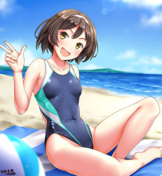 Rule 34 | 1girl, artist name, ball, beach, beachball, blue sky, blue one-piece swimsuit, breasts, brown hair, cloud, cloudy sky, collarbone, competition swimsuit, covered navel, dated, day, forest, hair between eyes, hairband, highleg, highleg swimsuit, highres, horizon, island, kantai collection, looking at viewer, nature, navel, ocean, one-piece swimsuit, open mouth, outdoors, sand, short hair, sky, small breasts, smile, solo, sunlight, swimsuit, tanikaze (kancolle), towel, tree, tsuchimiya, v, water, white hairband