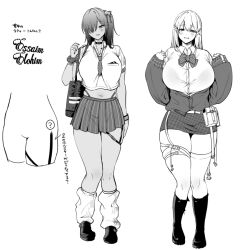 Rule 34 | 2girls, amano don, bag, belt pouch, blush, bow, bowtie, breasts, claw ring, collared shirt, cropped shirt, curvy, dark-skinned female, dark skin, goddess of victory: nikke, greyscale, hair ornament, huge breasts, jacket, jewelry, large breasts, long hair, loose socks, mole, mole under eye, monochrome, multiple girls, multiple rings, naga (nikke), off-shoulder jacket, off shoulder, partially unbuttoned, pencil skirt, pleated skirt, pouch, puffy sleeves, ring, shirt, skindentation, skirt, sleeves past wrists, socks, strap, thick thighs, thighhighs, thighs, tia (nikke)