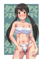 Rule 34 | 1girl, abs, absurdres, adjusting clothes, adjusting fundoshi, armpits, arms at sides, artist request, black hair, blush, border, breast press, breasts, brown eyes, cleavage, collarbone, embarrassed, eyelashes, facing viewer, female focus, fingernails, fundoshi, gluteal fold, groin, hand on own thigh, highres, idolmaster, idolmaster cinderella girls, japanese clothes, japanese text, legs, long hair, long twintails, looking at viewer, low twintails, medium breasts, midriff, nakano yuka, namco, navel, neck, pubic hair, pubic hair peek, sarashi, shiny skin, sidelocks, standing, teal background, thighs, traditional clothes, twintails, underwear, underwear only, unworn clothes, white border