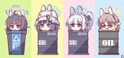 Rule 34 | 4girls, absurdres, ahoge, animal ears, arrow (symbol), benizika, black hair, blue archive, blue eyes, blush, bow, brown hair, chibi, closed eyes, closed mouth, combat helmet, commentary request, drum (container), fake animal ears, glasses, gloves, grey hair, hair between eyes, hair ornament, hair ribbon, hairband, halo, hat, helmet, highres, in container, in trash can, leaf, leaf on head, light brown hair, long hair, looking at viewer, miyako (blue archive), miyu (blue archive), moe (blue archive), multiple girls, one side up, parted lips, purple eyes, rabbit ears, recycle bin, recycling symbol, ribbon, saki (blue archive), short hair, simple background, trash can, white hair, white helmet