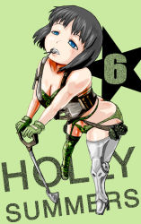 Rule 34 | 1girl, bikini, black hair, blue eyes, breasts, cleavage, female focus, full body, gloves, grasshopper manufacture, holly summers, marimo (ankokumarimo), no more heroes, short hair, shovel, solo, swimsuit, thighhighs, worktool