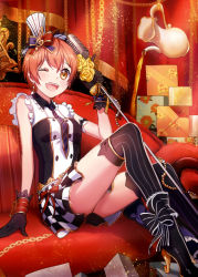 Rule 34 | 10s, 1girl, ;d, animal print, bad id, bad pixiv id, beads, black footwear, black gloves, blush, bow, box, buttons, cafe maid (love live!), cat print, chain, checkered clothes, checkered skirt, couch, curtains, drink, earrings, flower, frills, gift, gift box, gloves, hat, holding, holding microphone, hoshizora rin, indoors, jewelry, lace, lace-trimmed gloves, lace trim, leclle, love live!, love live! school idol festival, love live! school idol project, microphone, microphone stand, mini hat, mini top hat, miniskirt, multicolored bow, necktie, one eye closed, open mouth, orange hair, over-kneehighs, red bow, revision, ribbon, rose, shoes, short hair, sitting, skirt, sleeveless, smile, solo, striped clothes, striped headwear, striped necktie, striped neckwear, striped thighhighs, thighhighs, top hat, treble clef, vertical-striped clothes, vertical-striped thighhighs, wrist cuffs, yellow bow, yellow eyes, yellow flower, yellow ribbon, yellow rose