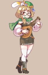 Rule 34 | 1girl, black dress, black footwear, boots, breasts, brown eyes, brown hair, capelet, detached sleeves, dress, feathers, full body, glasses, green capelet, green headwear, hat feather, instrument, long sleeves, looking at viewer, lute (instrument), music, original, oyuzaki (ayuzaki), pixel art, playing instrument, short hair, simple background, small breasts, solo, standing, thighhighs, white thighhighs