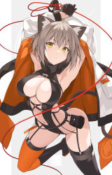 Rule 34 | 1girl, animal ears, ass, breasts, cat ears, cat girl, cat tail, closed mouth, gloves, highres, jacket, light brown hair, looking at viewer, ohta yuichi, original, revealing clothes, ribbon, tail, thighs, yellow eyes